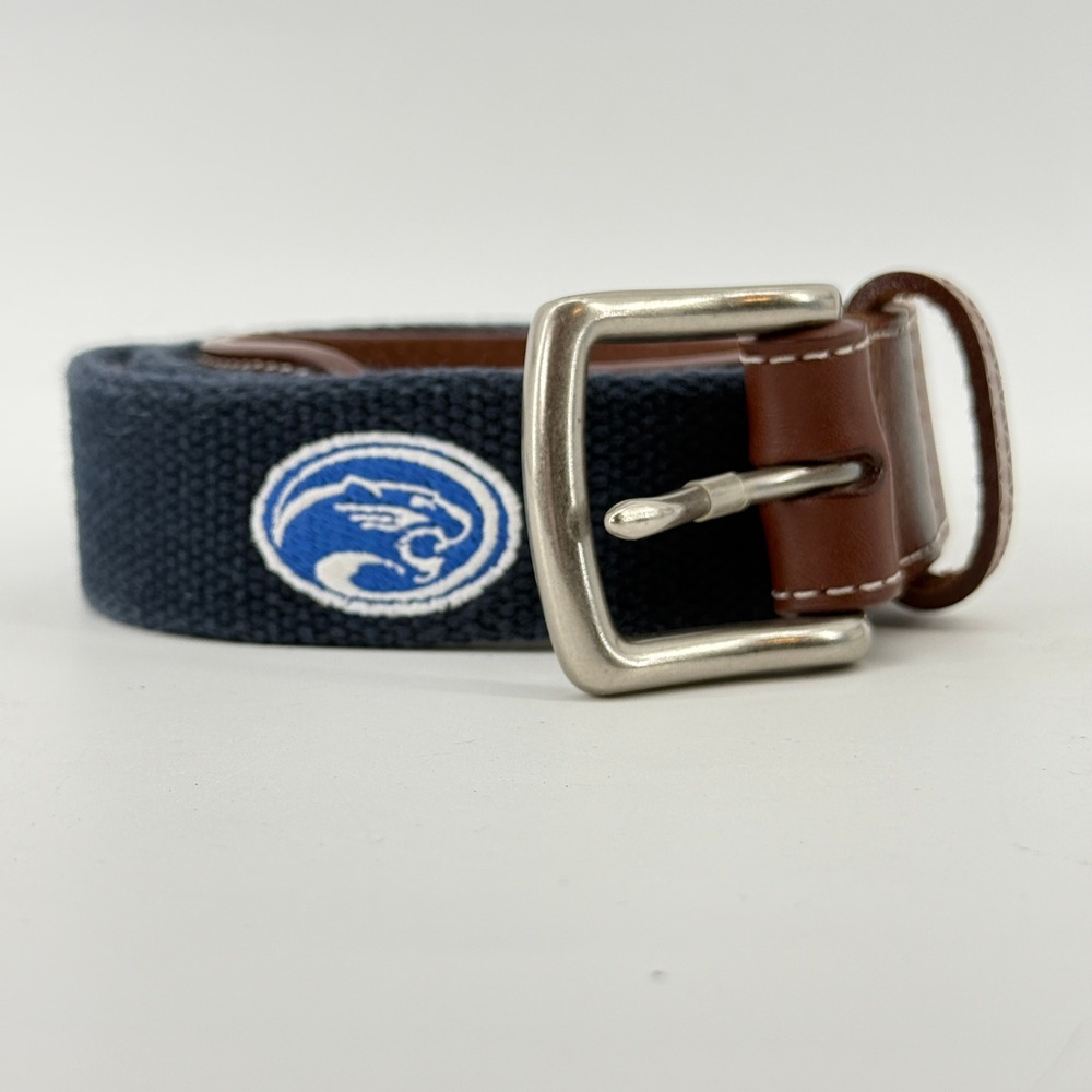 JT Spencer Belt Mens 30 Navy Blue Leather Tab Embroidered Panther Mascot USA